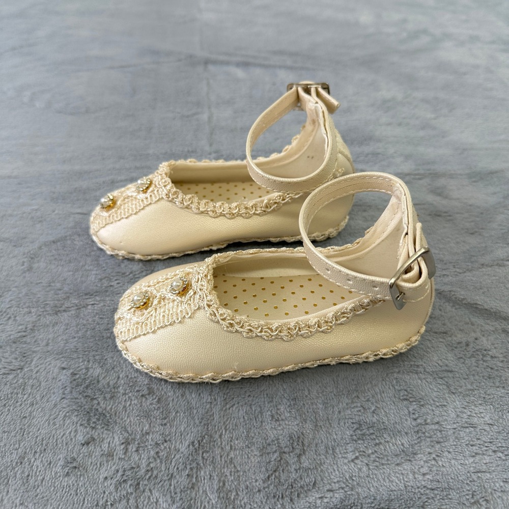 Handmade Infant Toddler Girls Cream Lace Pearl Mary Jane Dress Shoes Size 14